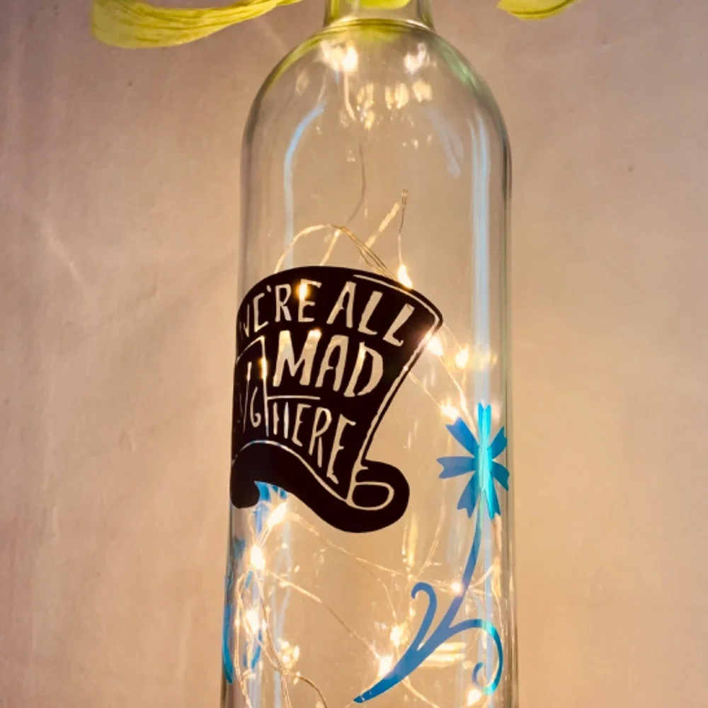 Hand Crafted- ‘We’re All Mad Here’ logo Mad Hat Wine Bottle Lantern